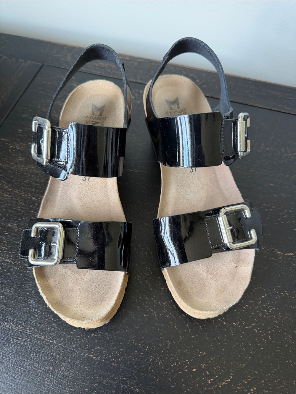 Mephisto Black Patent Buckle Sandals